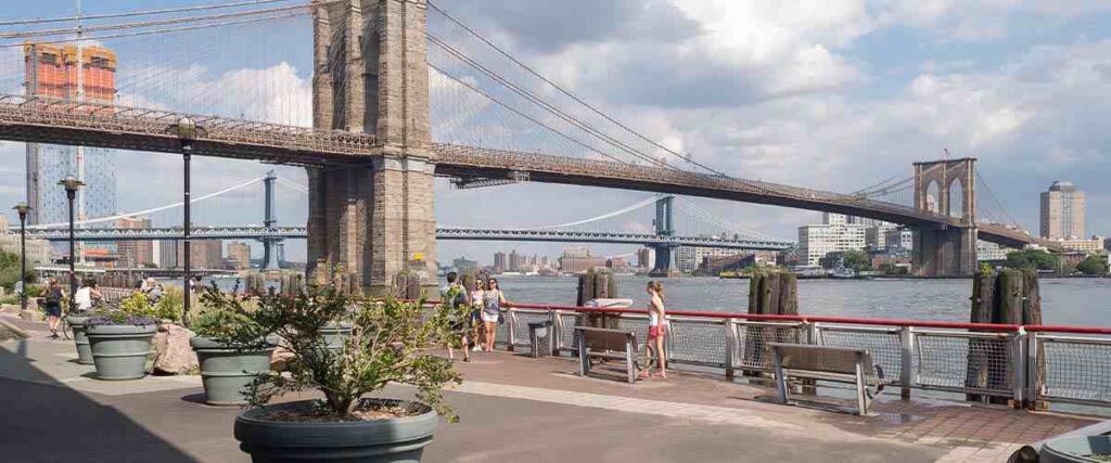 View of Brooklyn bridge from the boardwalk. 