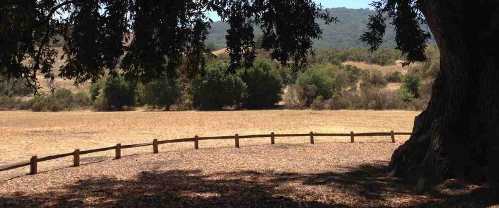 Trail with small fence on Rancho San Antonio Preserve. 