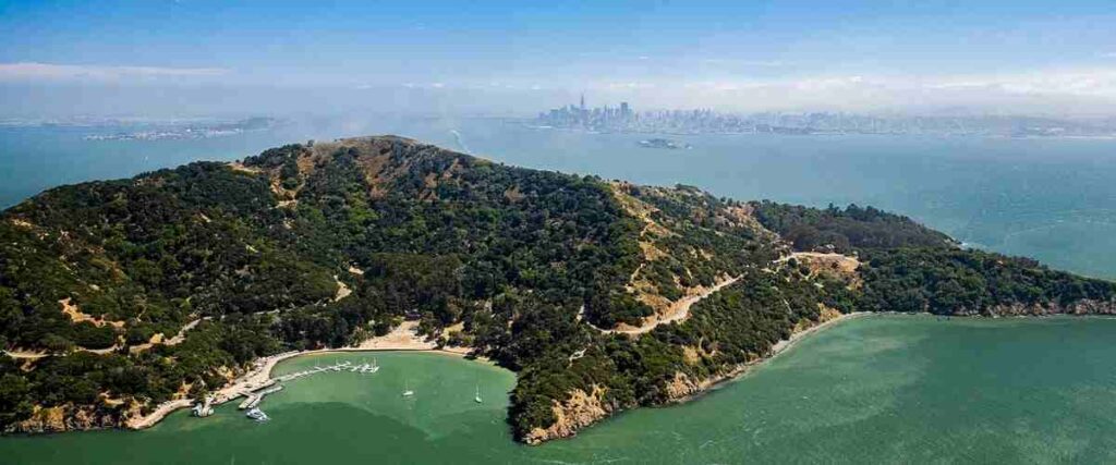 Aerial view of Angel Island in California. 