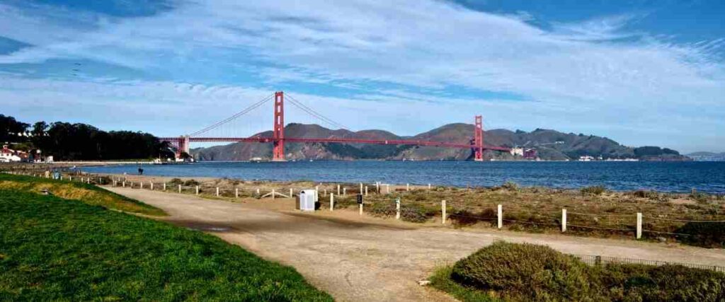 View of Golden Gate Bridge at Crissy Field. 