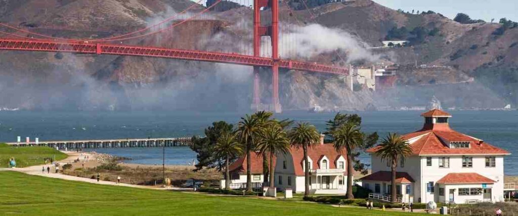 View of The Presidio park and the Golden Gate Bridge. 