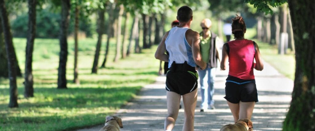 Two runners on a park path running with their dogs. 