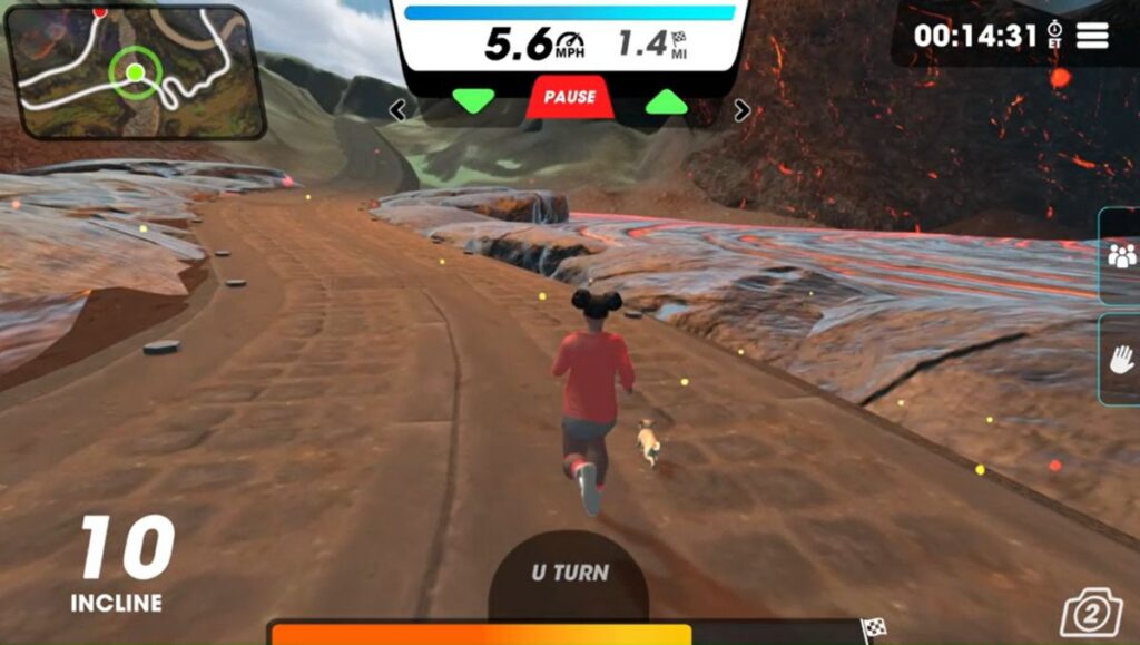 A running avatar running next to a live volcano. 